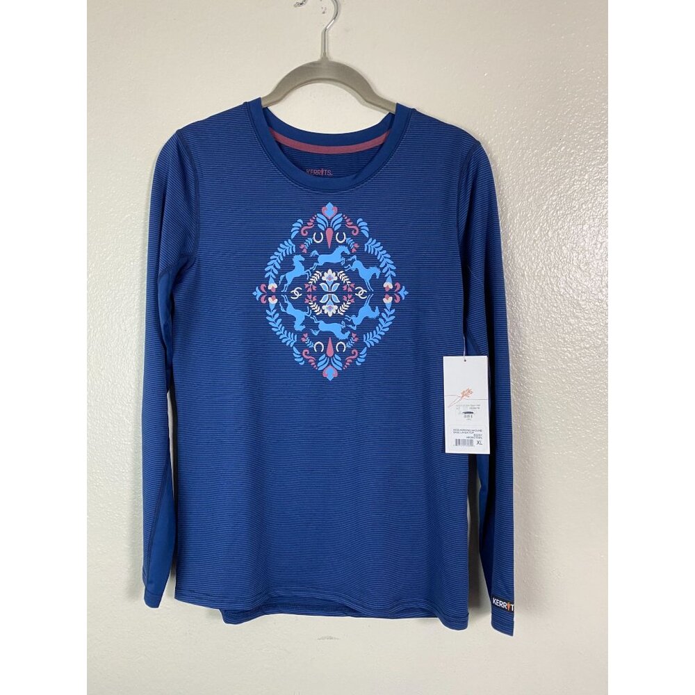 New Kerrits Kids Horsing Around Base Layer Top Size XL Blue Long Sleeve Equestri